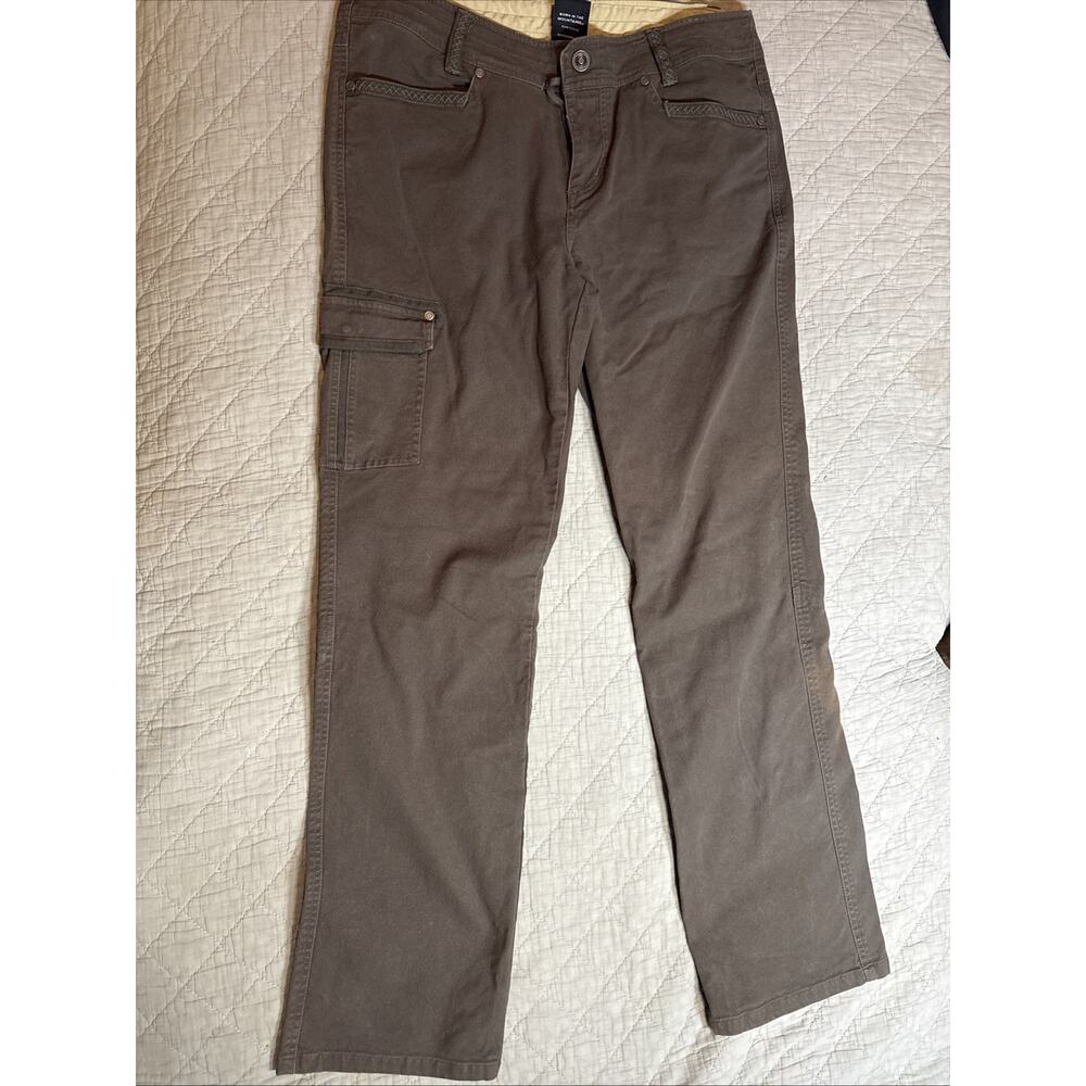 Kuhl Revolvr Pants Dark Khaki Patina Dye Size 12 Women’s Cargo Pocket Tie Waist